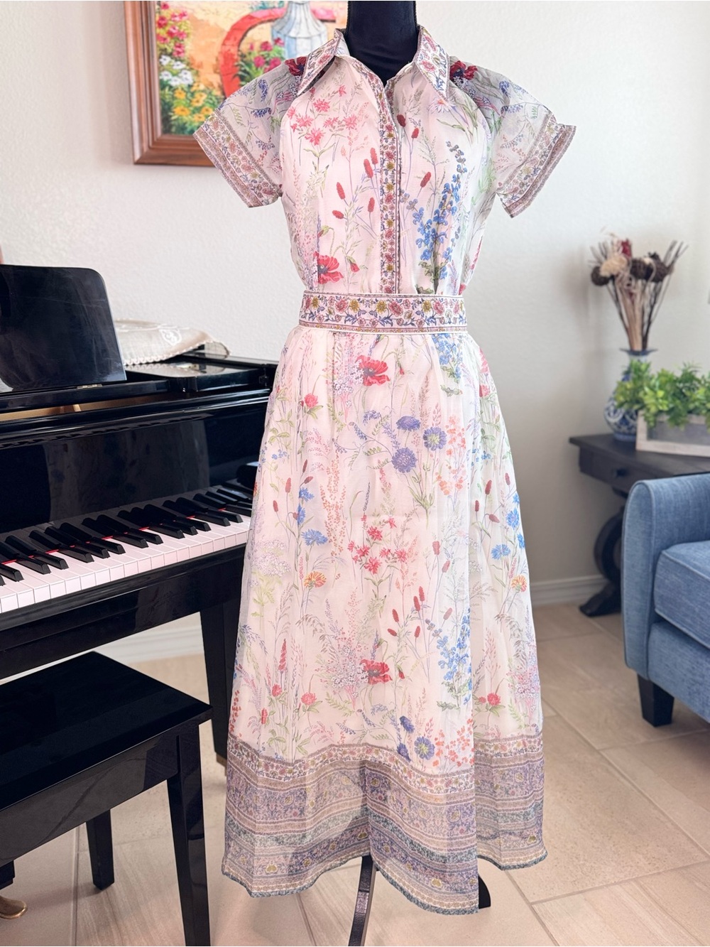 Floral Print Short-Sleeve Shirt Dress in Light Pink